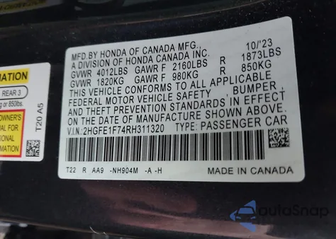 2024 Honda Civic Ex z USA, uszkodzony, nr VIN 2HGFE1F74RH311320